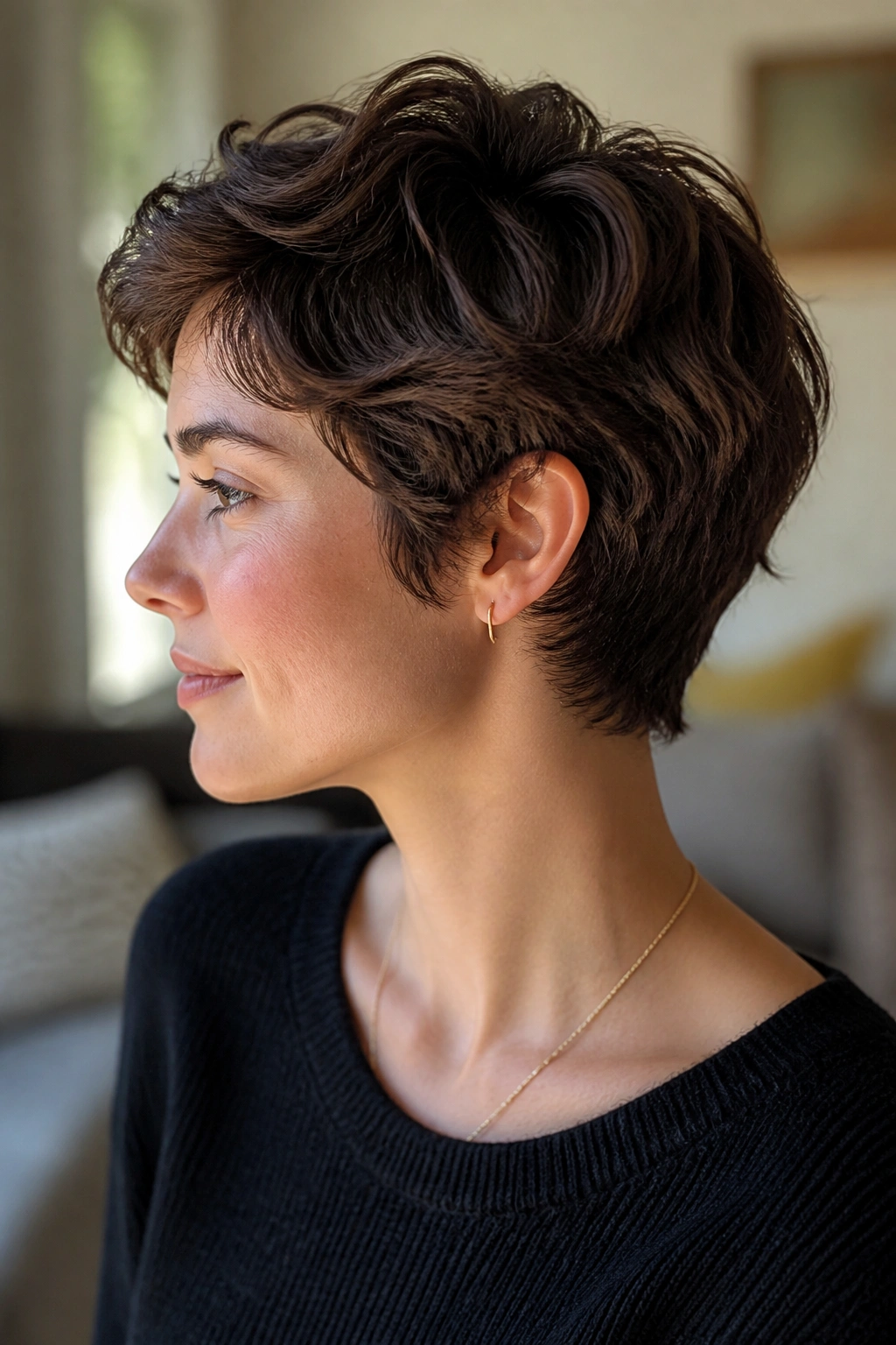 Close-up of a woman with a grown-out pixie and soft neckline.