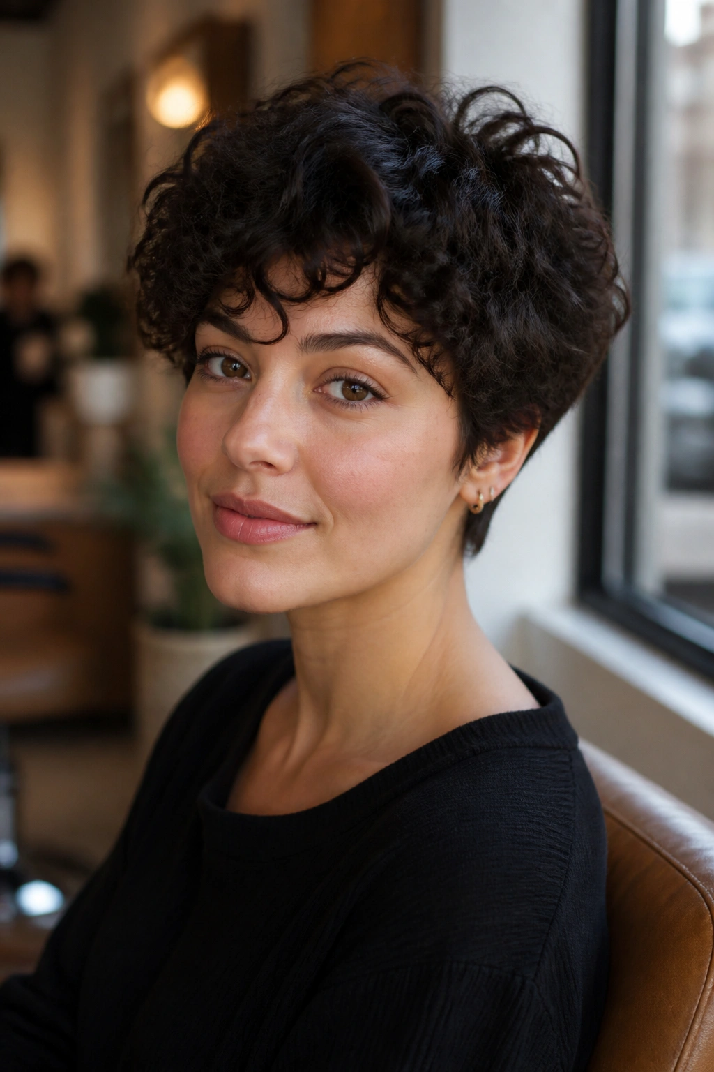 Close-up portrait of a real woman with a grown-out pixie showing longer top and clean nape