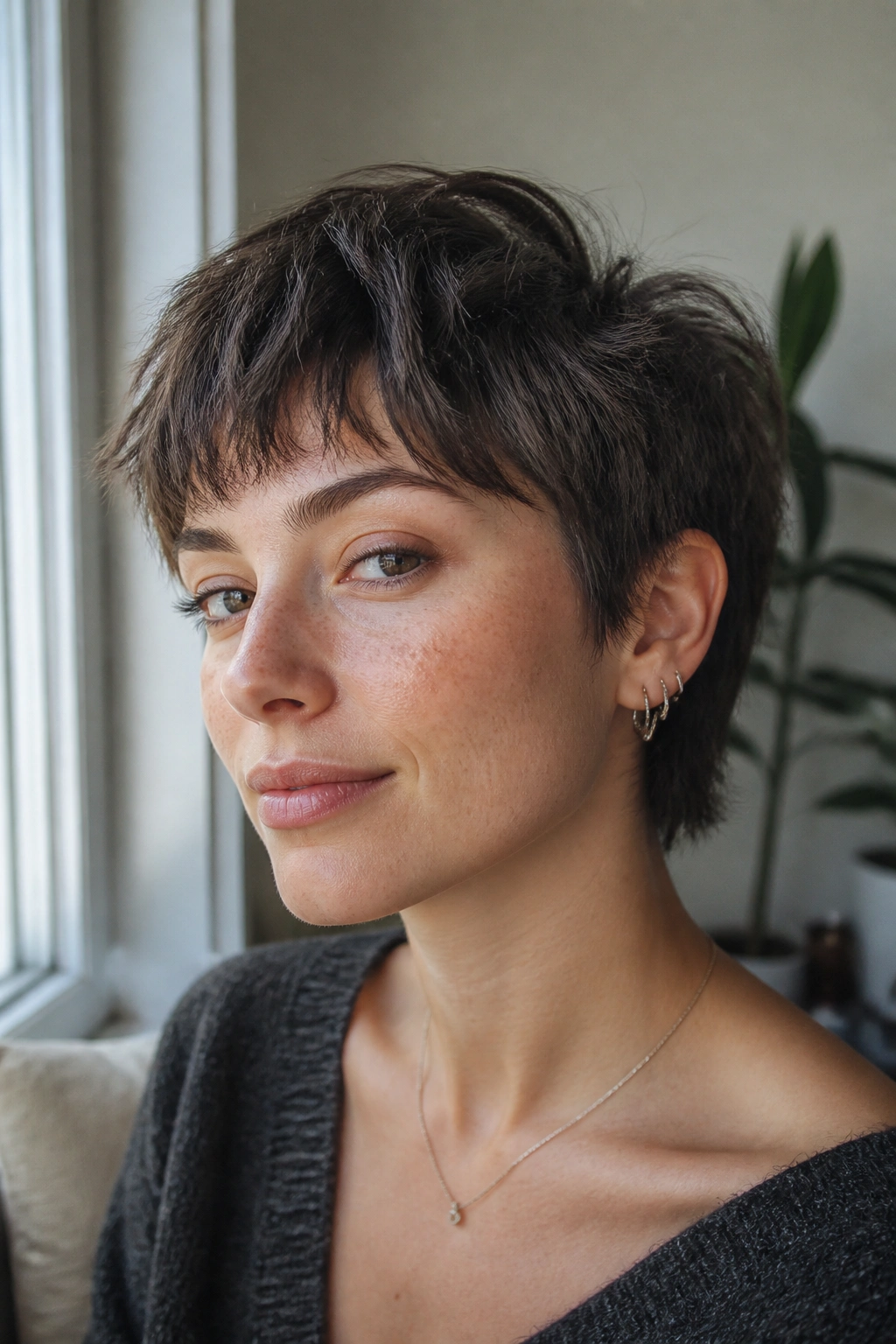 Close-up portrait of a real person with grown-out pixie wolf cut featuring longer top and tight sides.