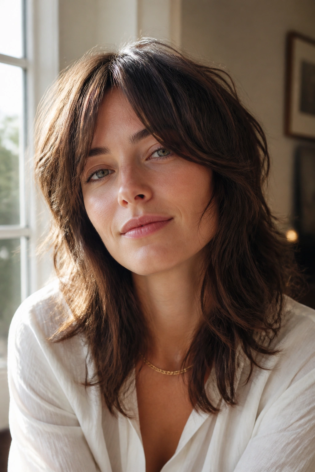 Close-up portrait of a real woman with Low-Maintenance Grown-Out Shag showing soft layers and face-framing length.