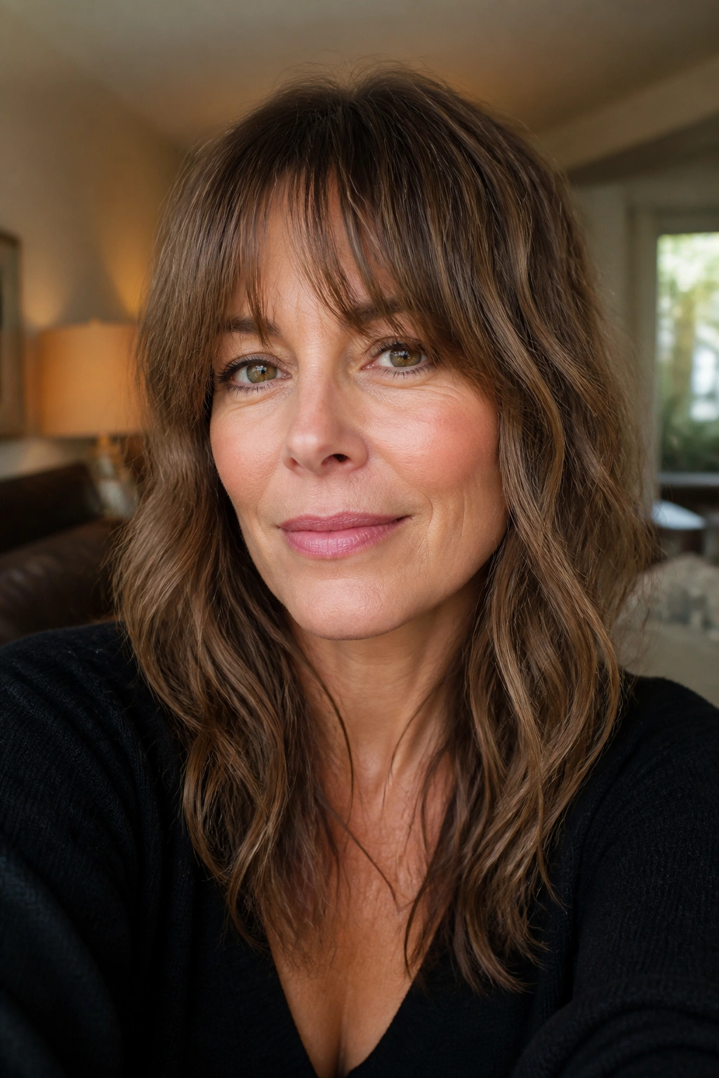 Real woman with grown-out shag bangs blending into cheek-length layers
