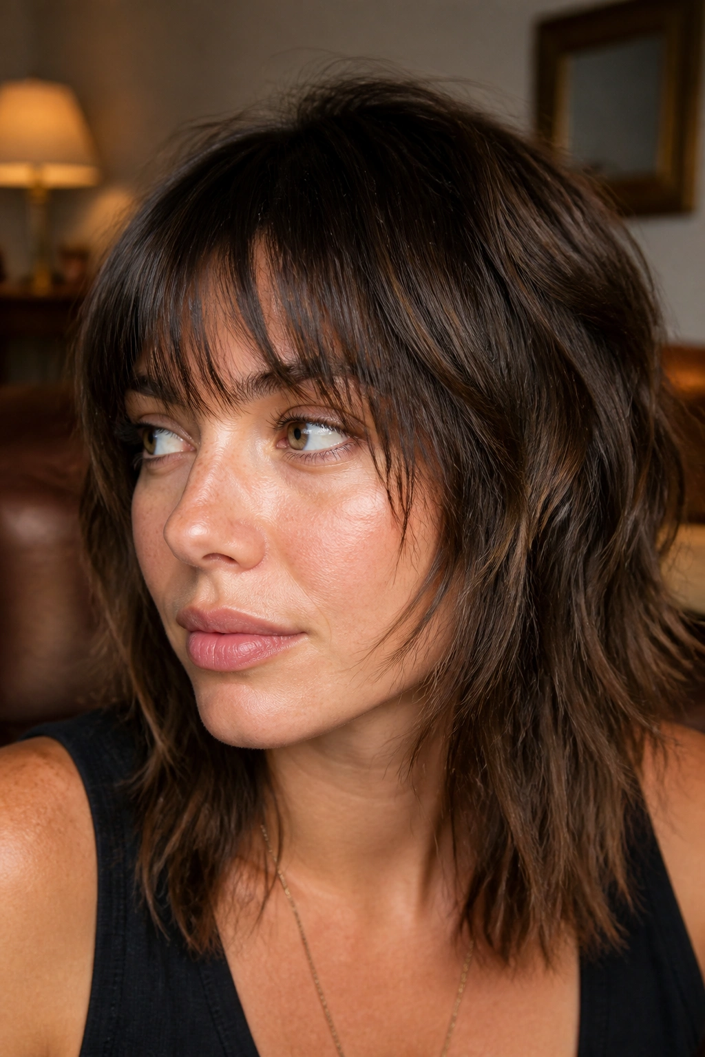 Close-up of a real person with grown-out shag bangs