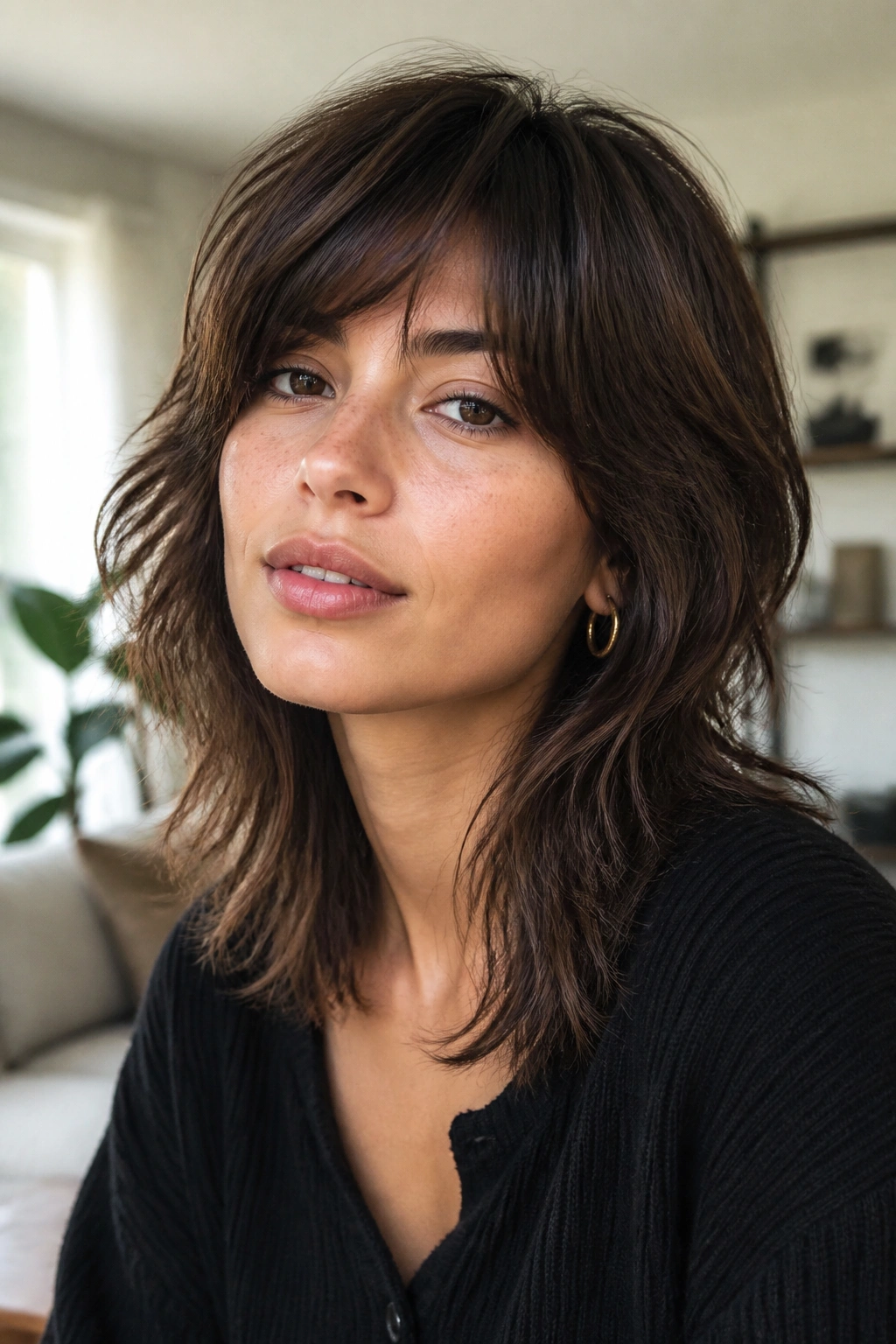 Close-up portrait of a real woman with a grown-out shag and softened fringe in a cozy setting.