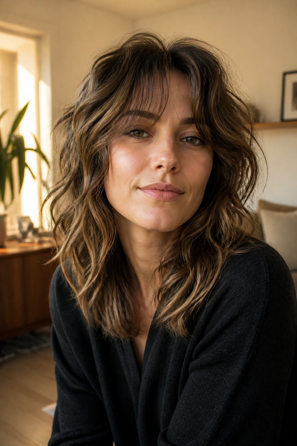 Real person with grown-out shag featuring blended layers and longer fringe in a home setting