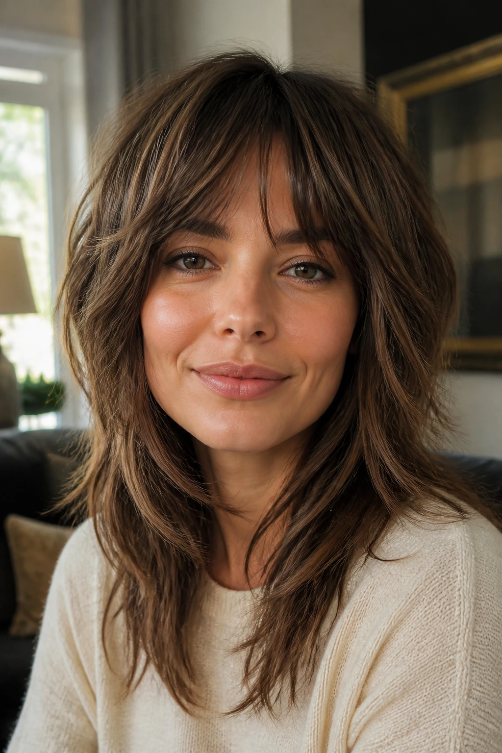 Close-up of a real woman with a grown-out shag and piecey layers.