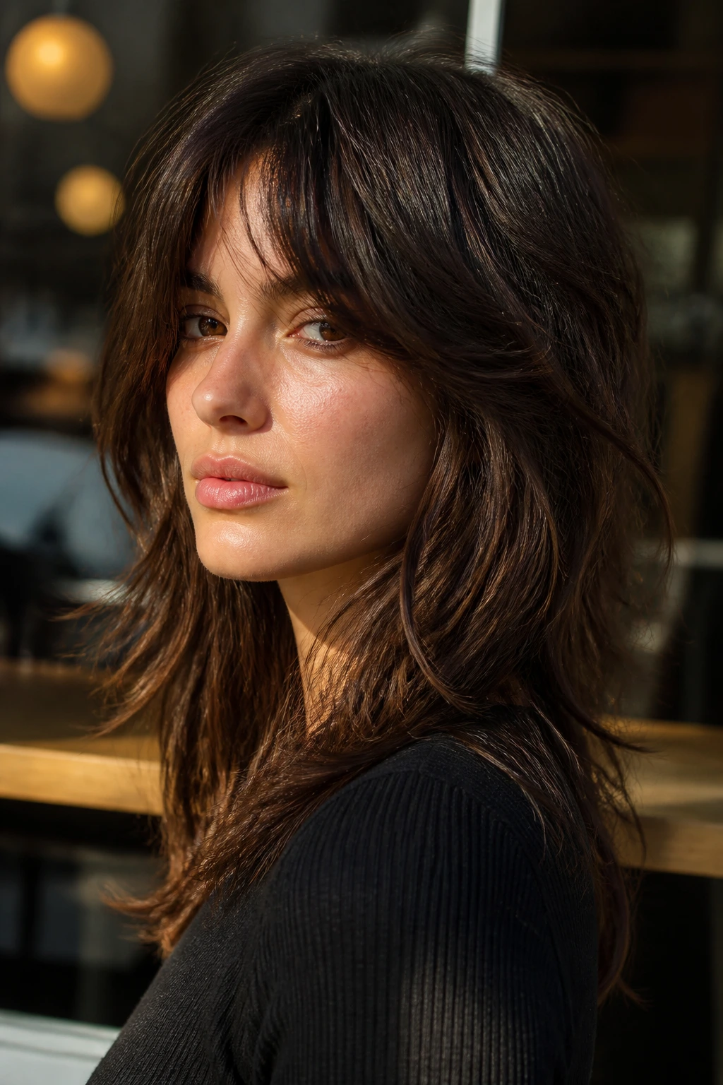 Real person wearing a grown-out shag hairstyle with long layers and soft fringe