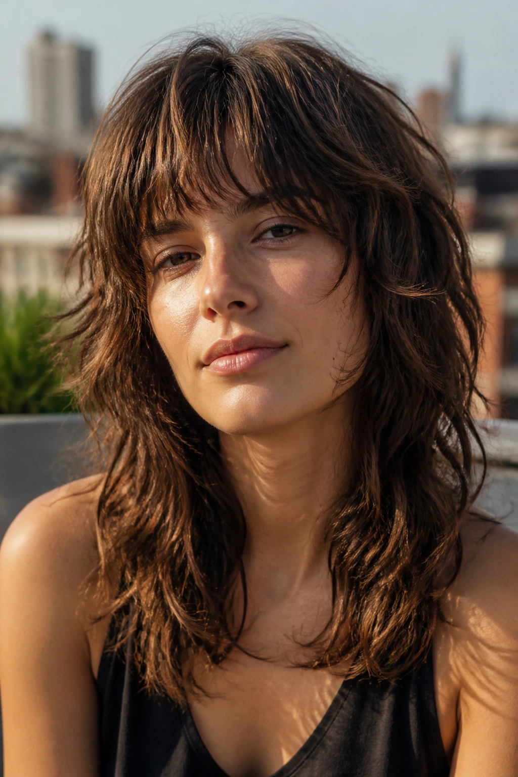 Close-up portrait of a real person with grown-out shag showing soft edges and transitioning layers.