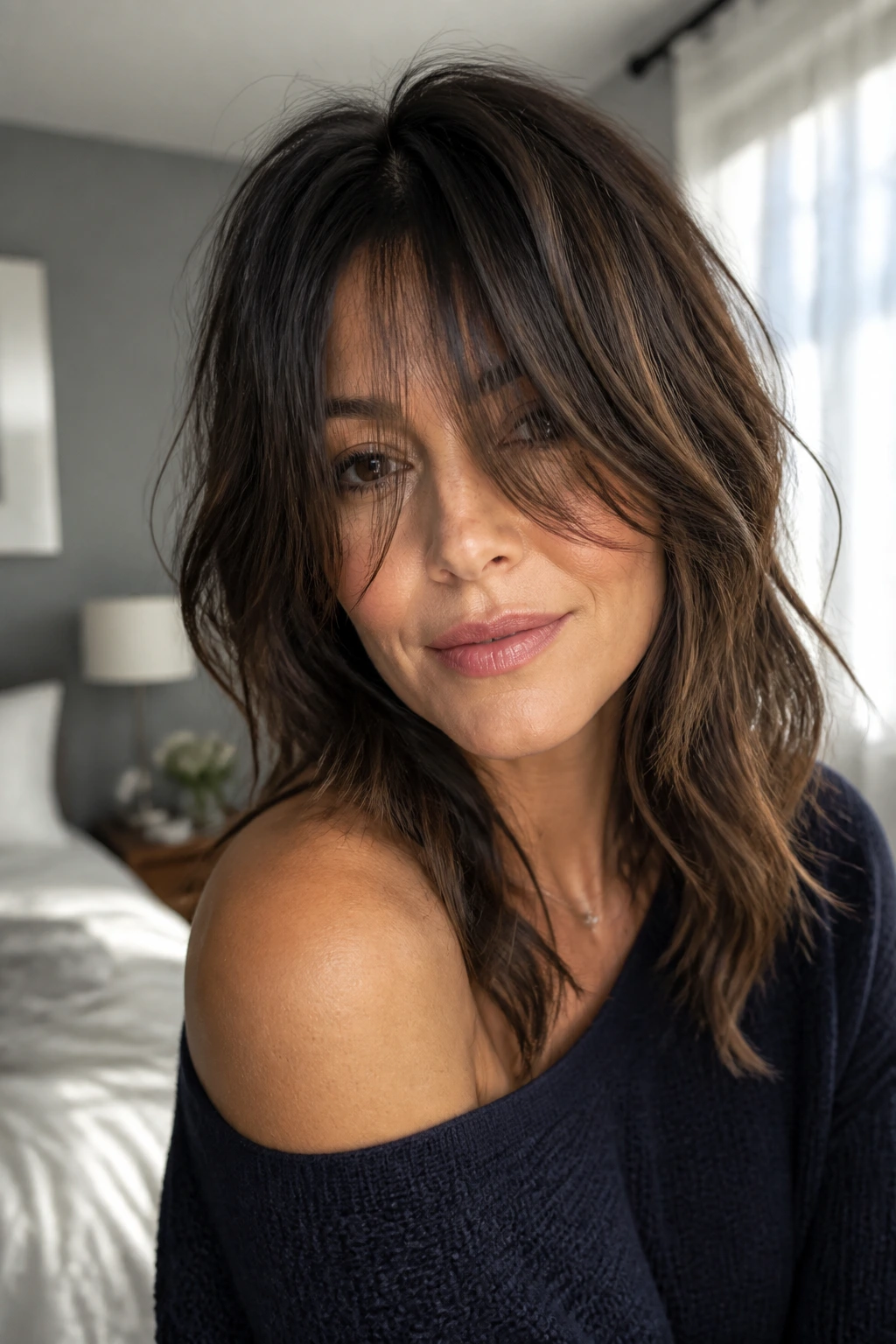 Close-up of a woman with grown-out shaggy bangs in daylight at home