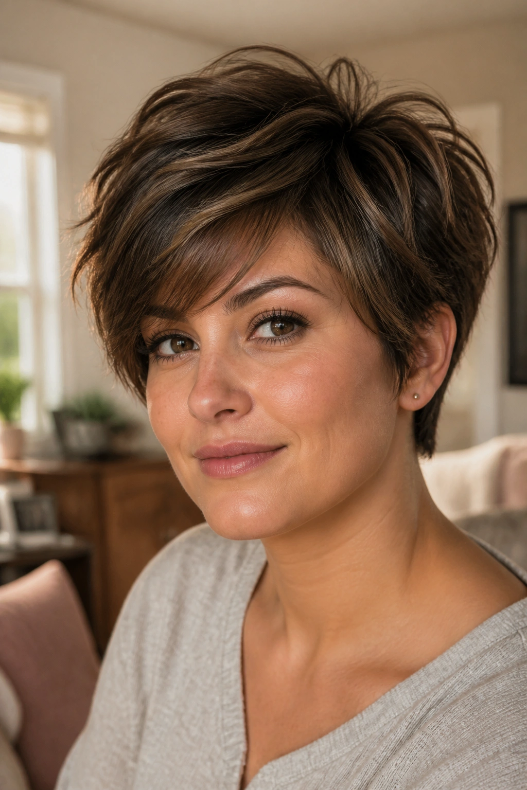 Real woman with a soft grown-out shaggy pixie for round faces in a cozy room.