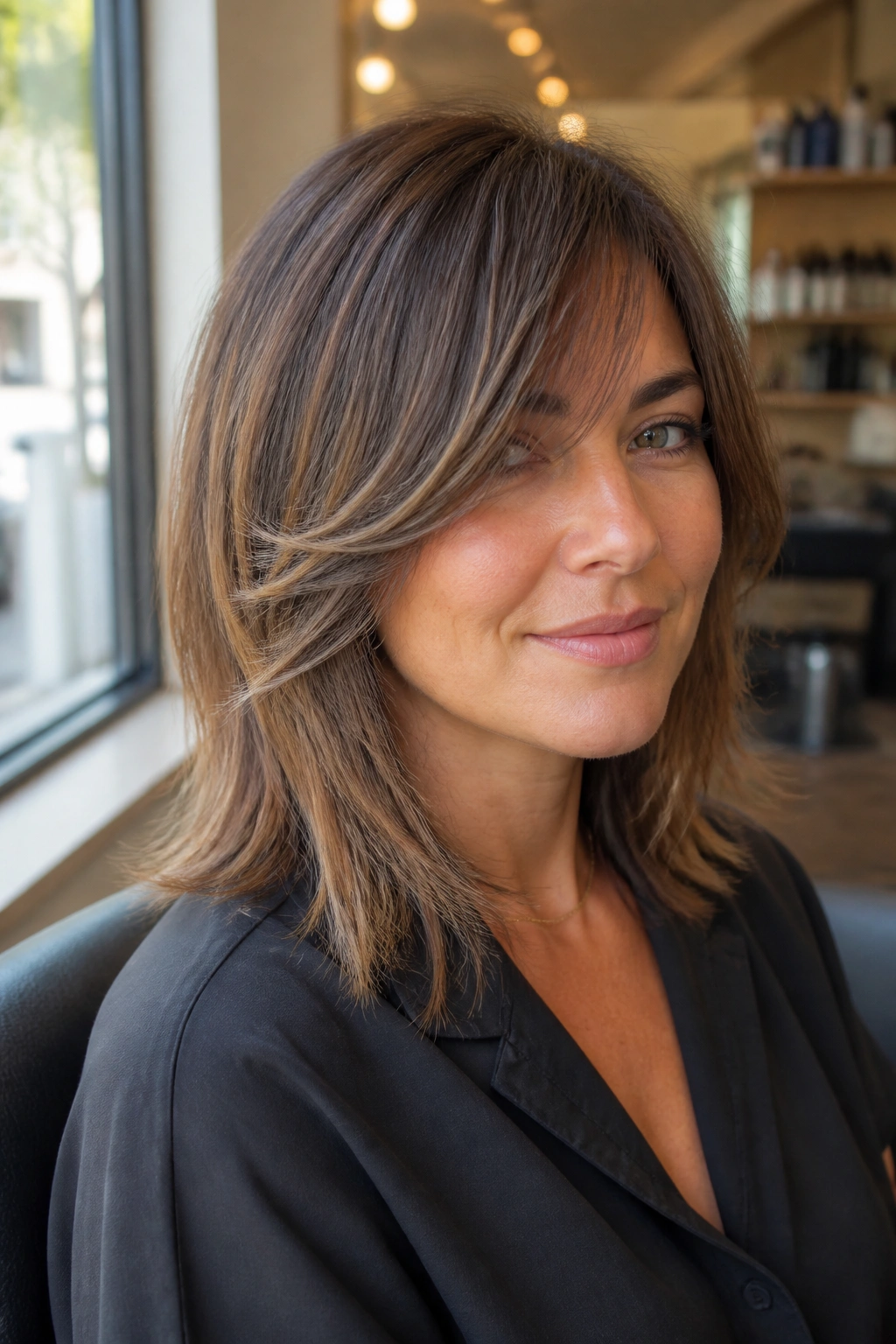 Close-up of grown-out side bangs reaching the cheekbone in natural light