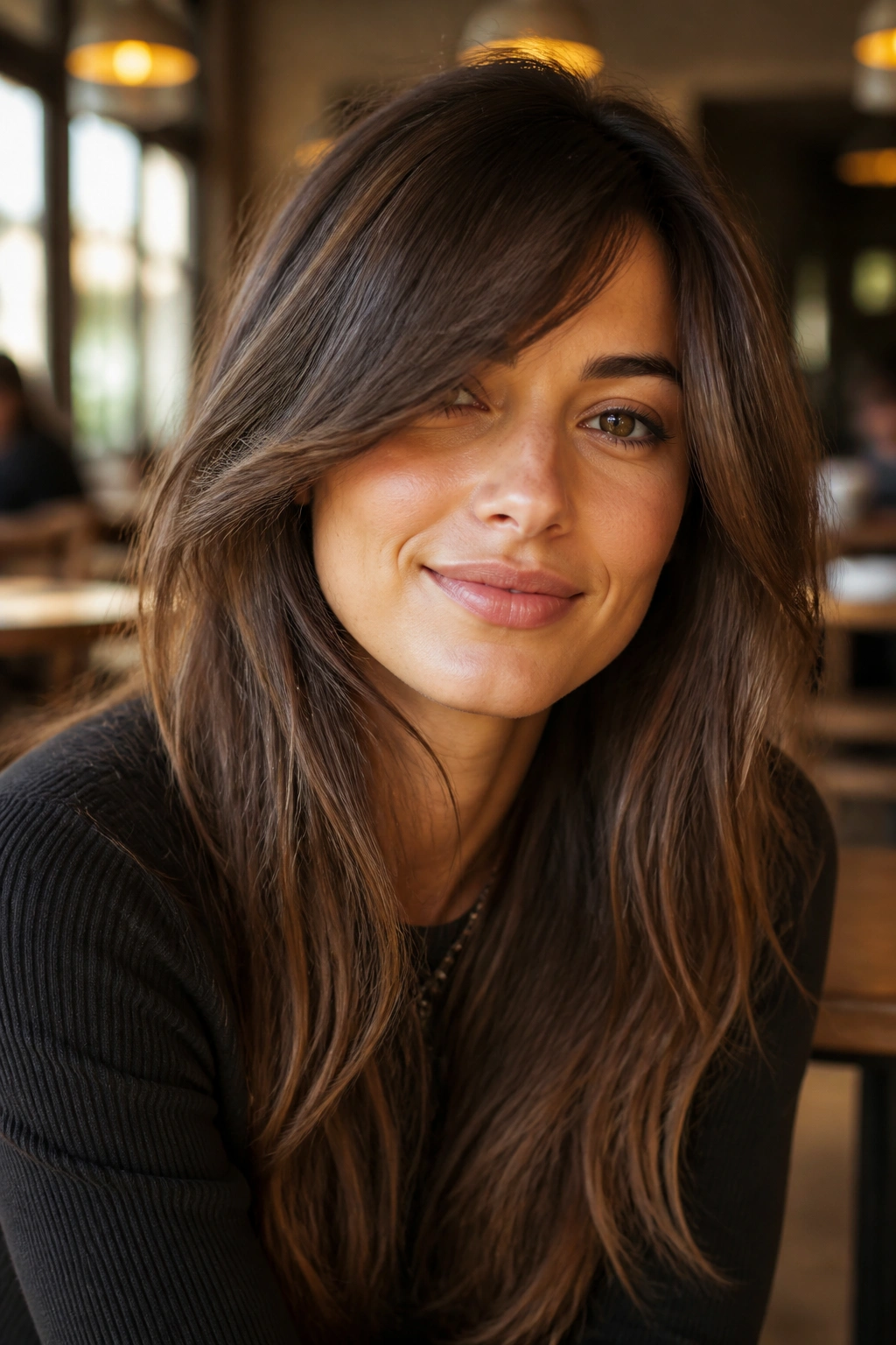 Close-up portrait of a real woman with a grown-out side-swept fringe in a cafe setting