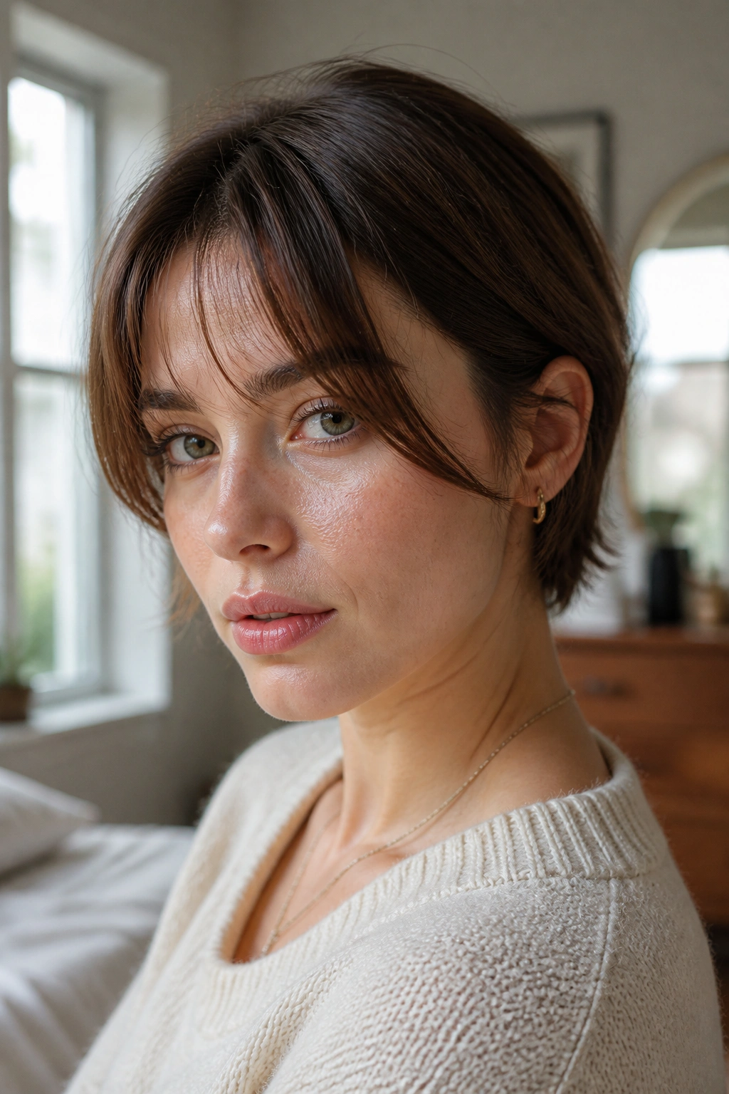 Close-up of grown-out wispy bangs transitioning into a short haircut on a real person