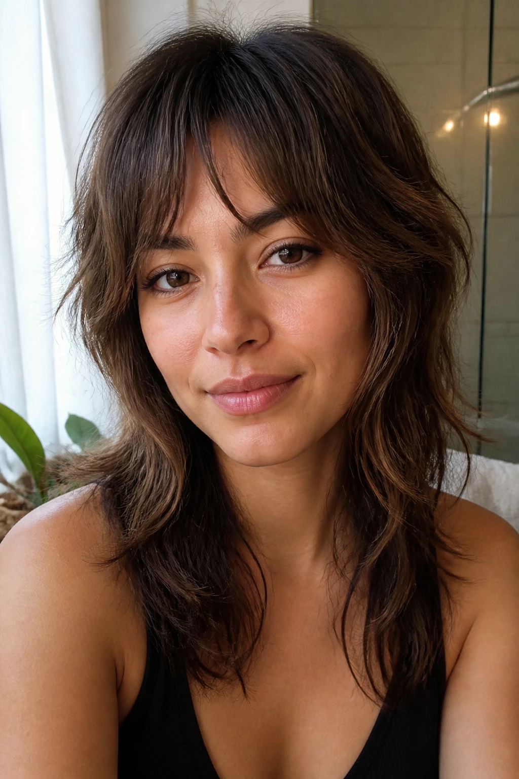 Real woman with grown-out wolf cut featuring blended layers.