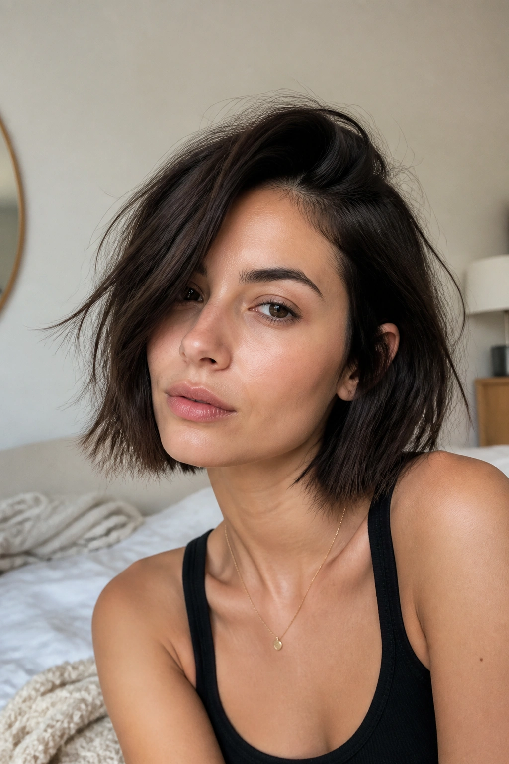 Real woman with flat-ironed bedhead bob in a cozy bedroom