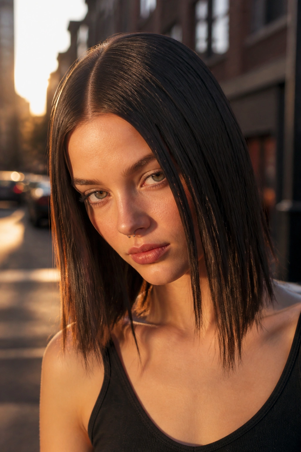 Real woman with sleek center part and jagged ends in golden hour light