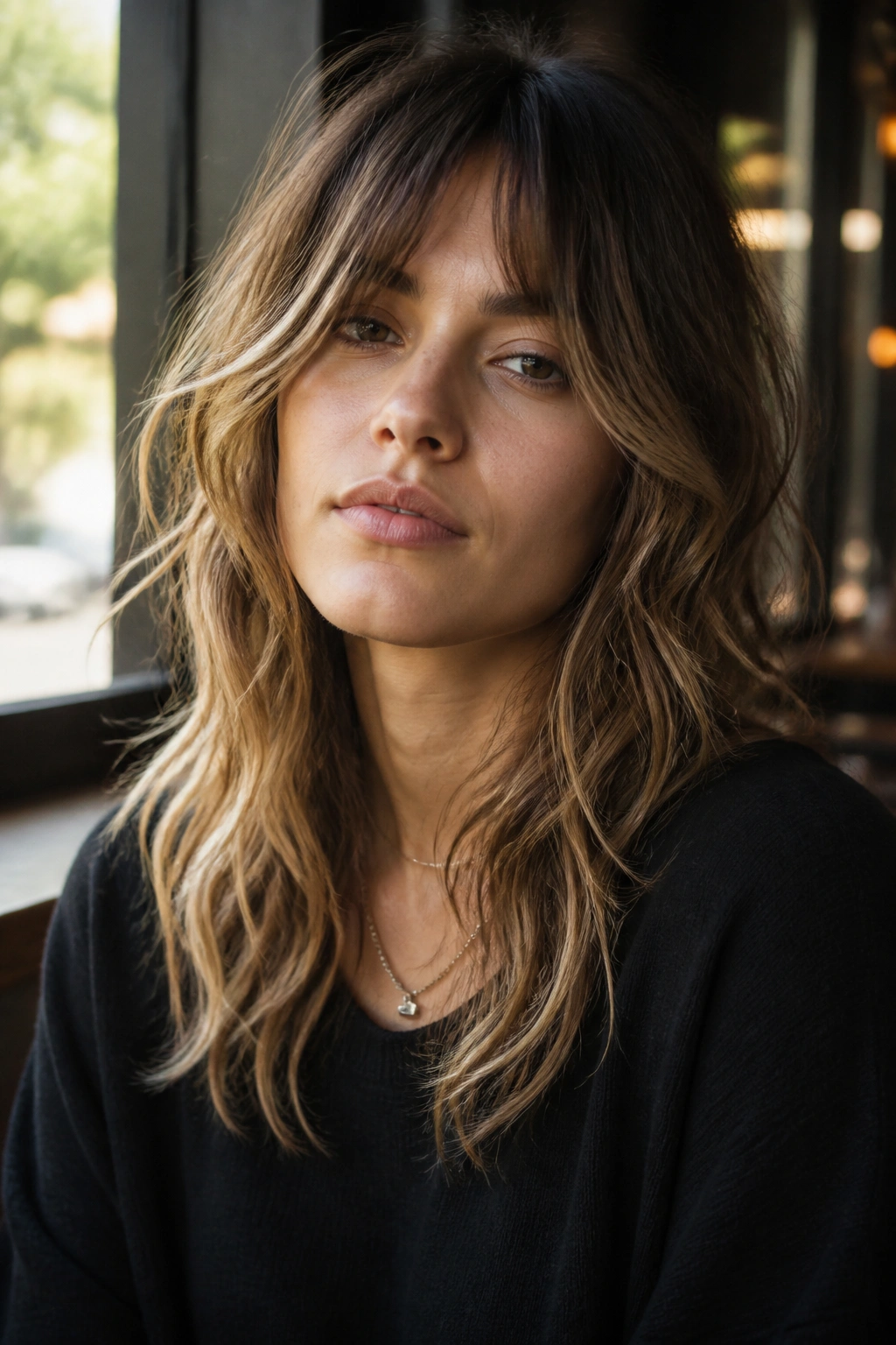 Real woman with curtain bangs and uneven beachy waves in natural light