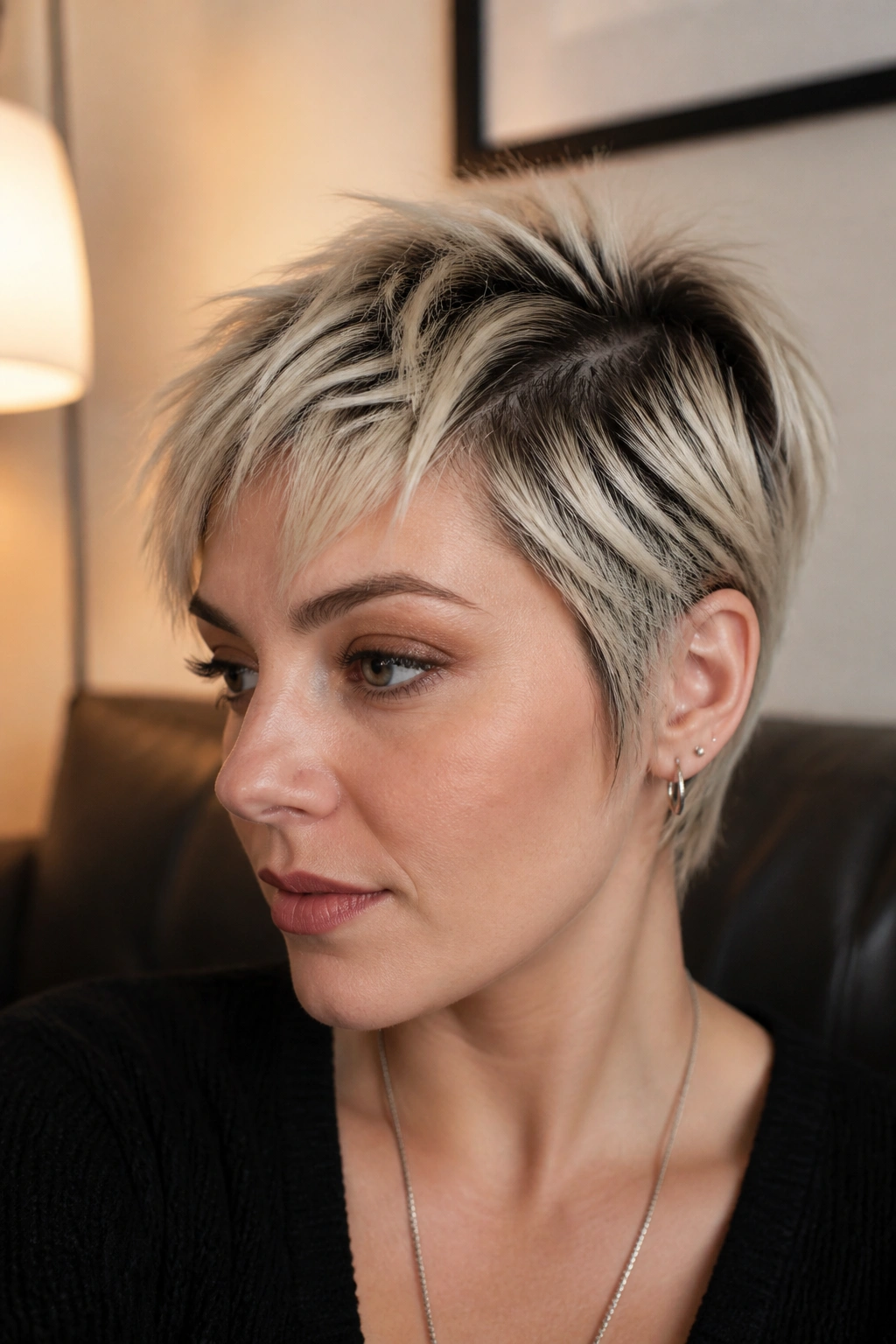 Real woman with piecey pixie and grown-out roots in warm indoor light