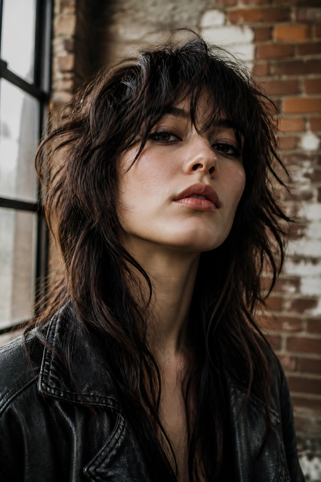 Real woman with messy wolf cut and crown layers in brick loft setting
