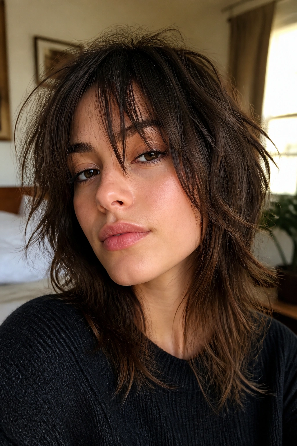 Close-up portrait of a real woman with Grunge Shag with Broken Layers featuring broken, piecey layers.