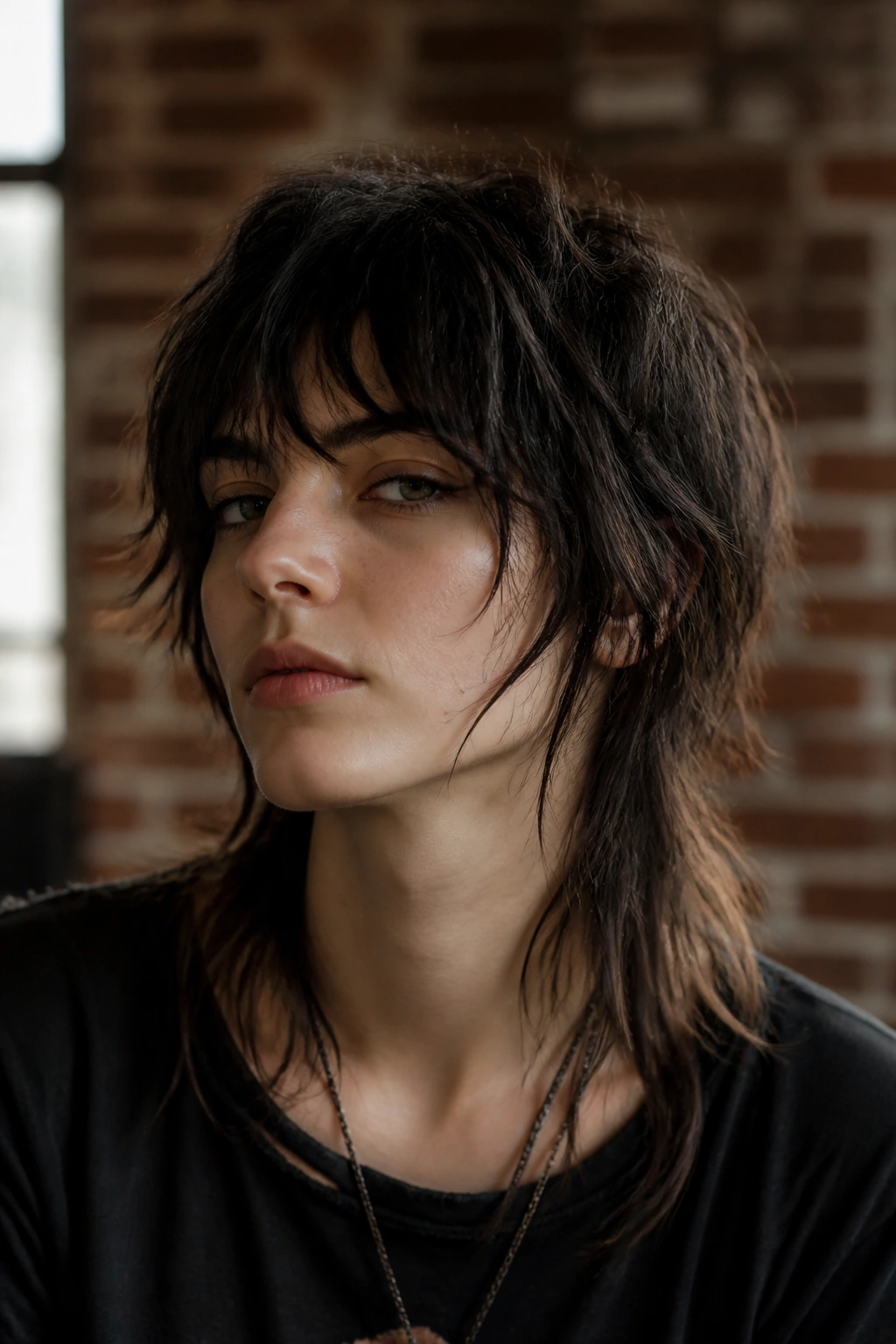 Close-up portrait of a real person with a grunge wolf cut and piecey layers.
