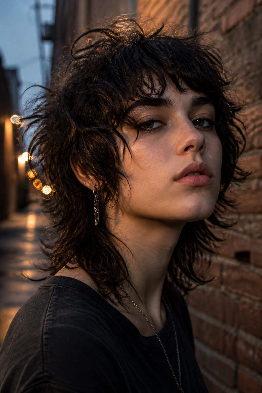 Close-up portrait of a real person with grungy emo wolf cut in a gritty urban alley at dusk.