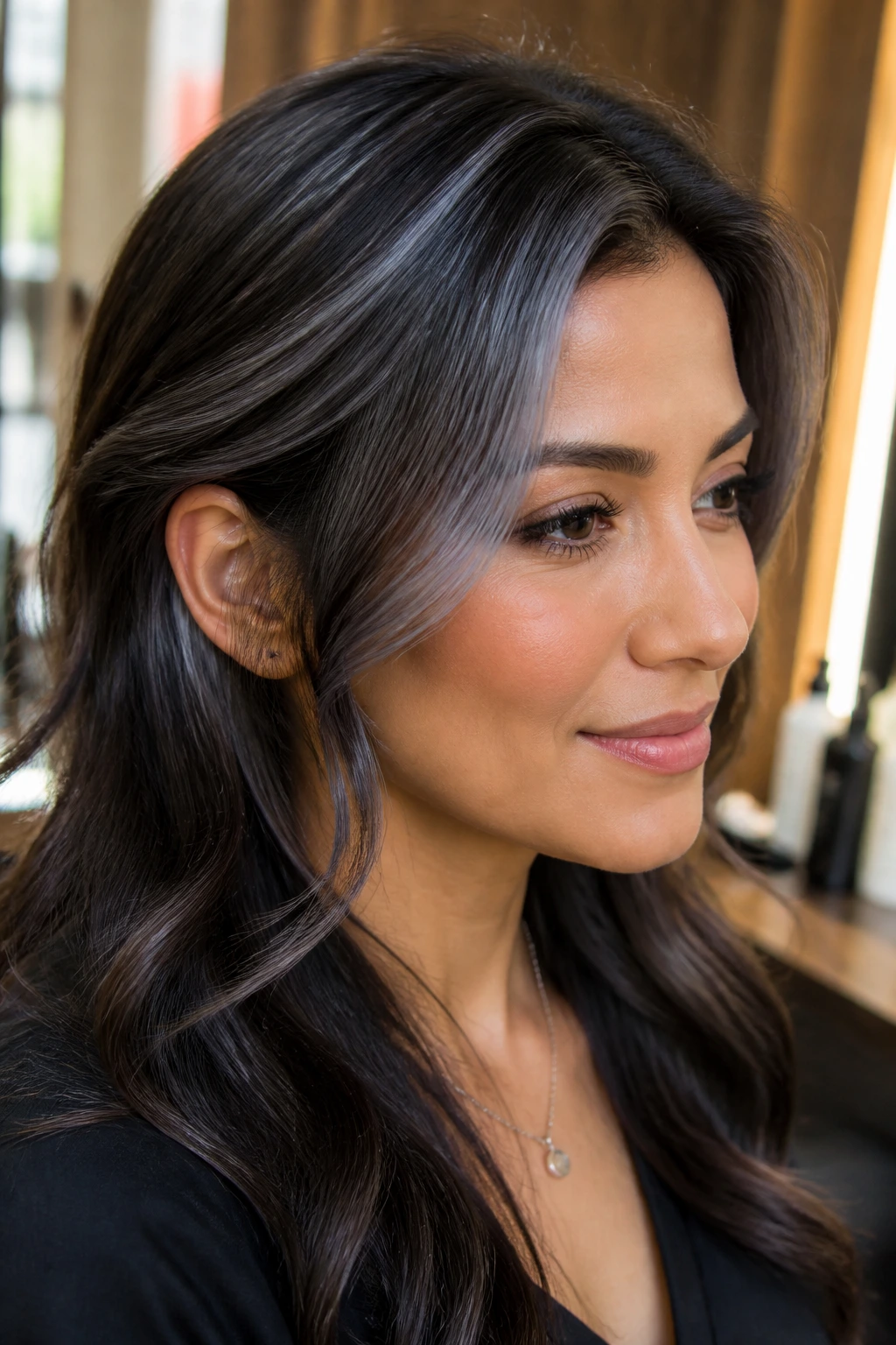 Close-up of a real person with gunmetal grey chunky highlights on dark brown hair