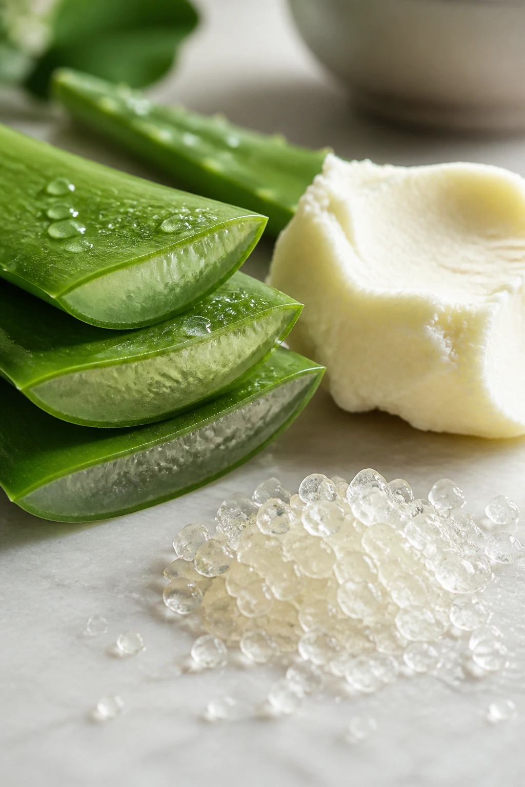 Close-up of aloe, shea butter, and hydrolyzed protein ingredients