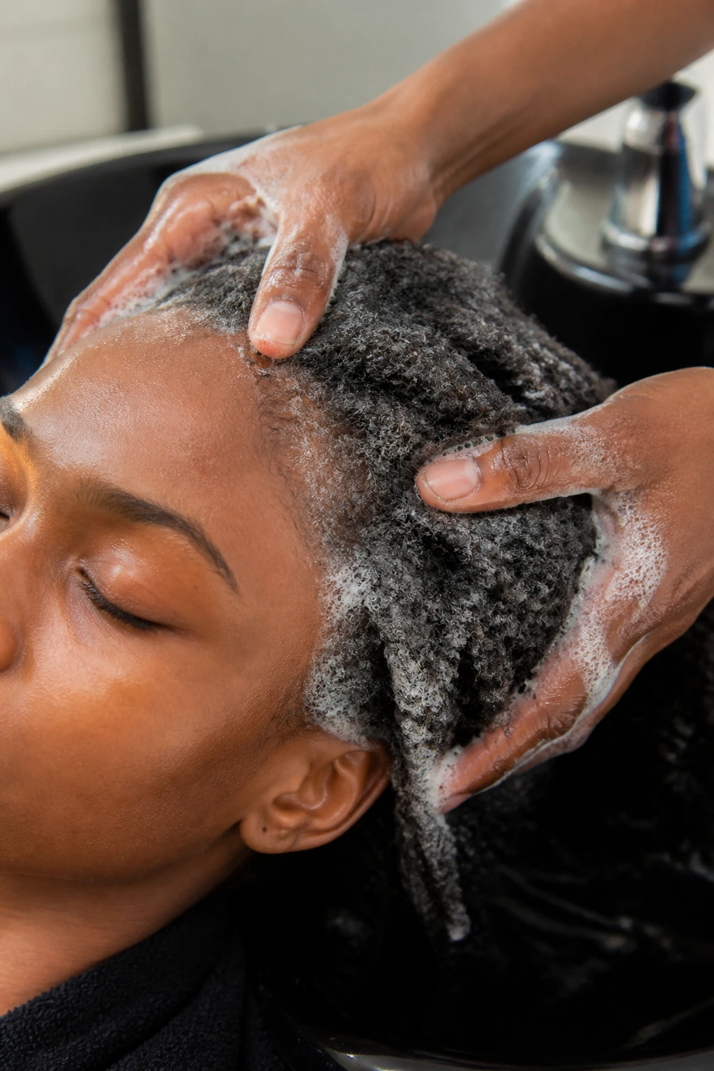 Close-up of a real person's scalp being clarified with shampoo during hair prep for box braids