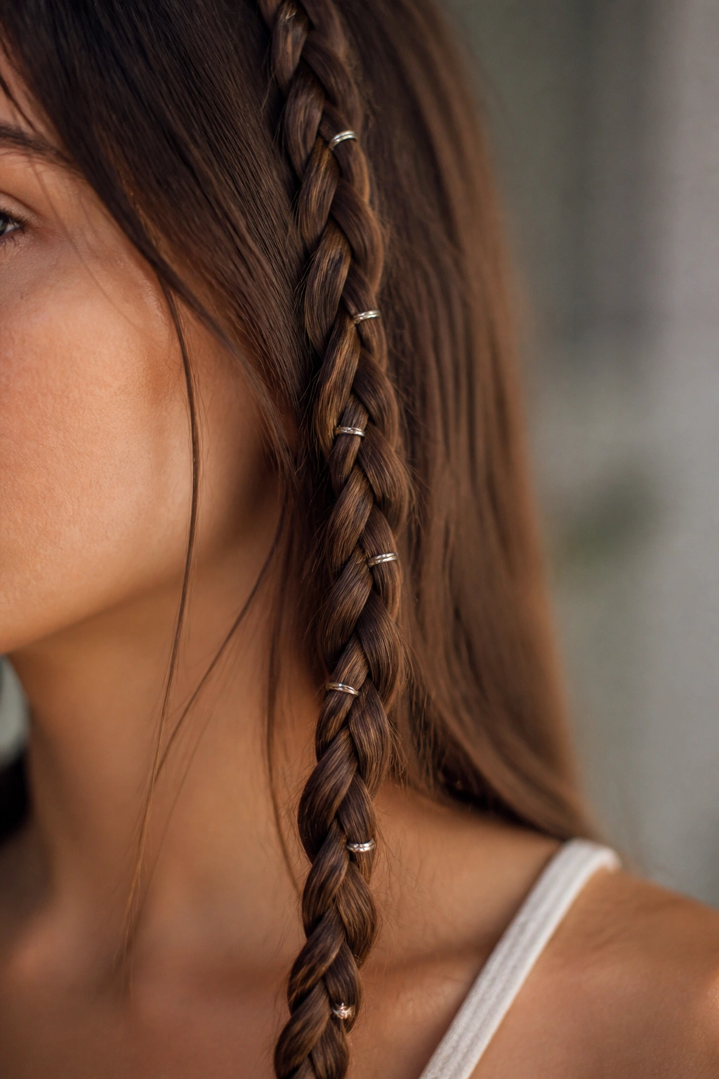 Tiny metal hair rings along a single braid on a real person