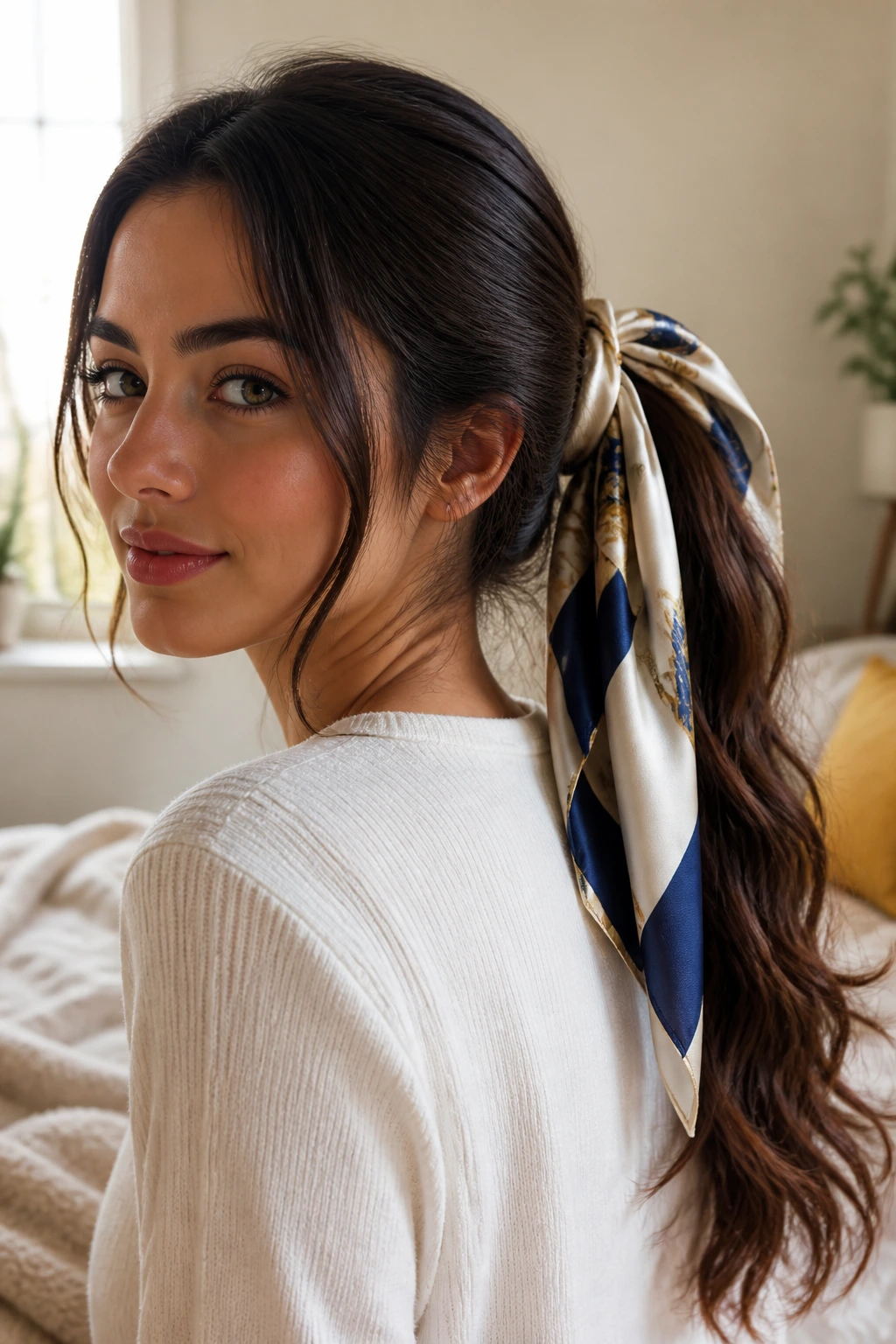 Close-up portrait of a real woman with a hair scarf ponytail