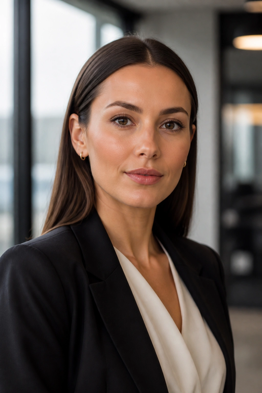 Close-up of a real woman with straight hair tucked behind both ears, exposing jawline
