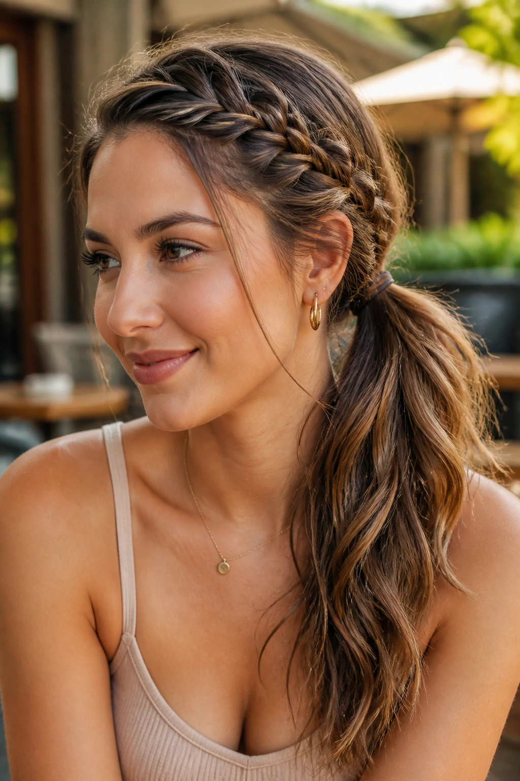 Close-up of a real woman with Half-Braid Into Side Ponytail