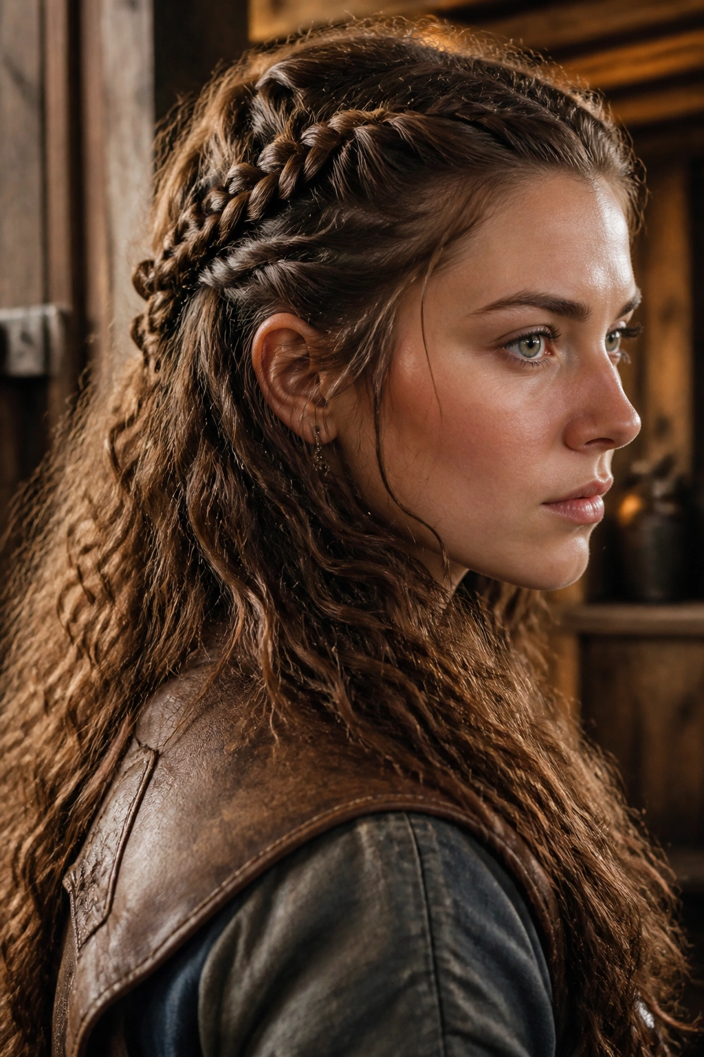 Close-up portrait of a real woman showing a half-braided crown with loose curls in a warm rustic setting