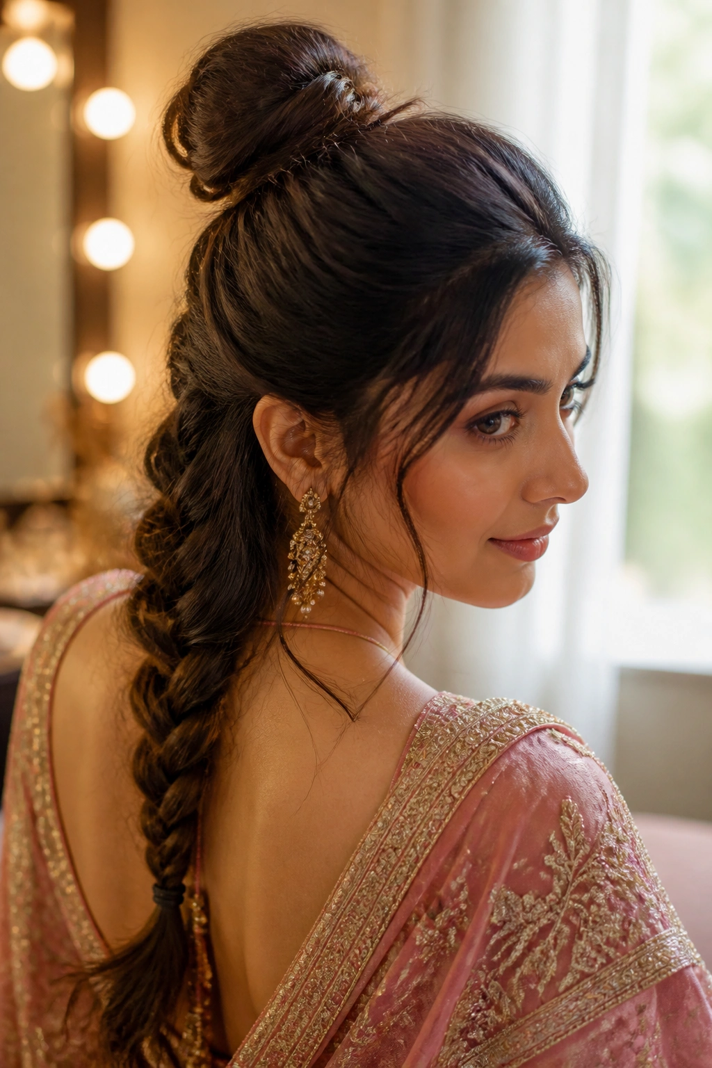Close-up of Half Bun, Half Braid hairstyle on a real woman wearing a saree in a warm dressing room