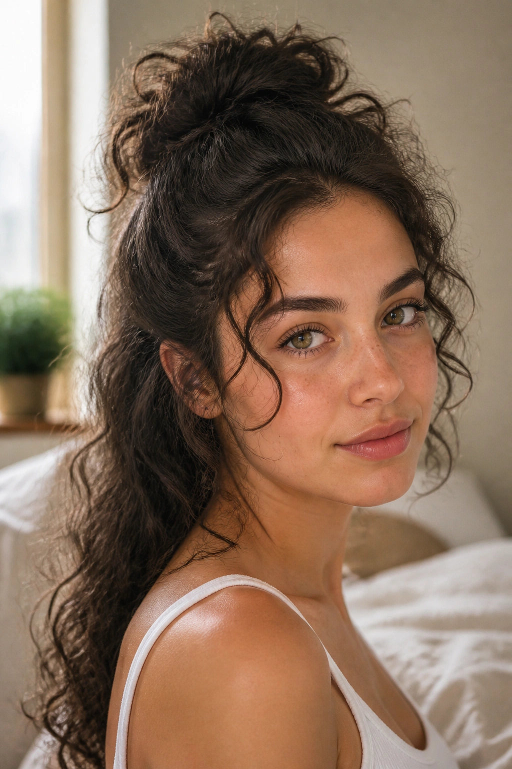 Close-up of a real woman with a messy half bun and tendrils