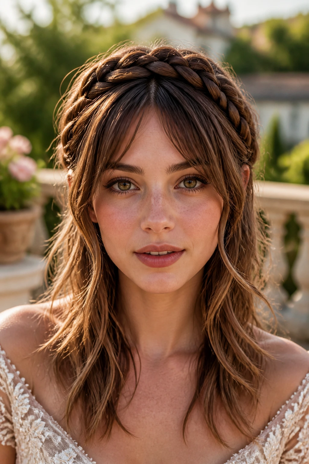 Front close-up of a person with braided half-crown showing wolf cut layers