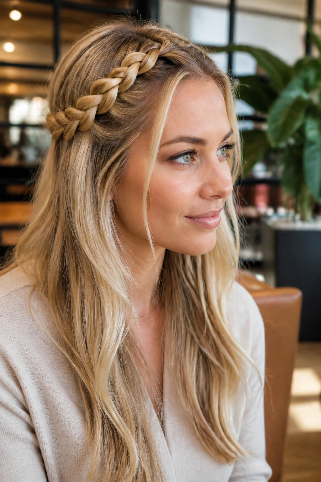 Real person with a half halo braid, straight or wavy hair