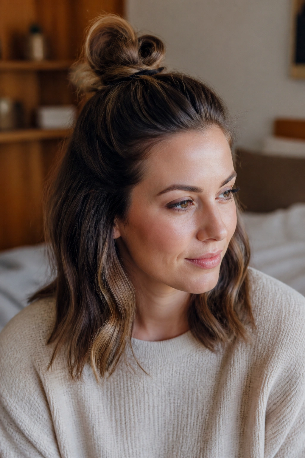 Close-up of a real woman with a half ponytail bun hybrid, top twisted into a bun with loose hair