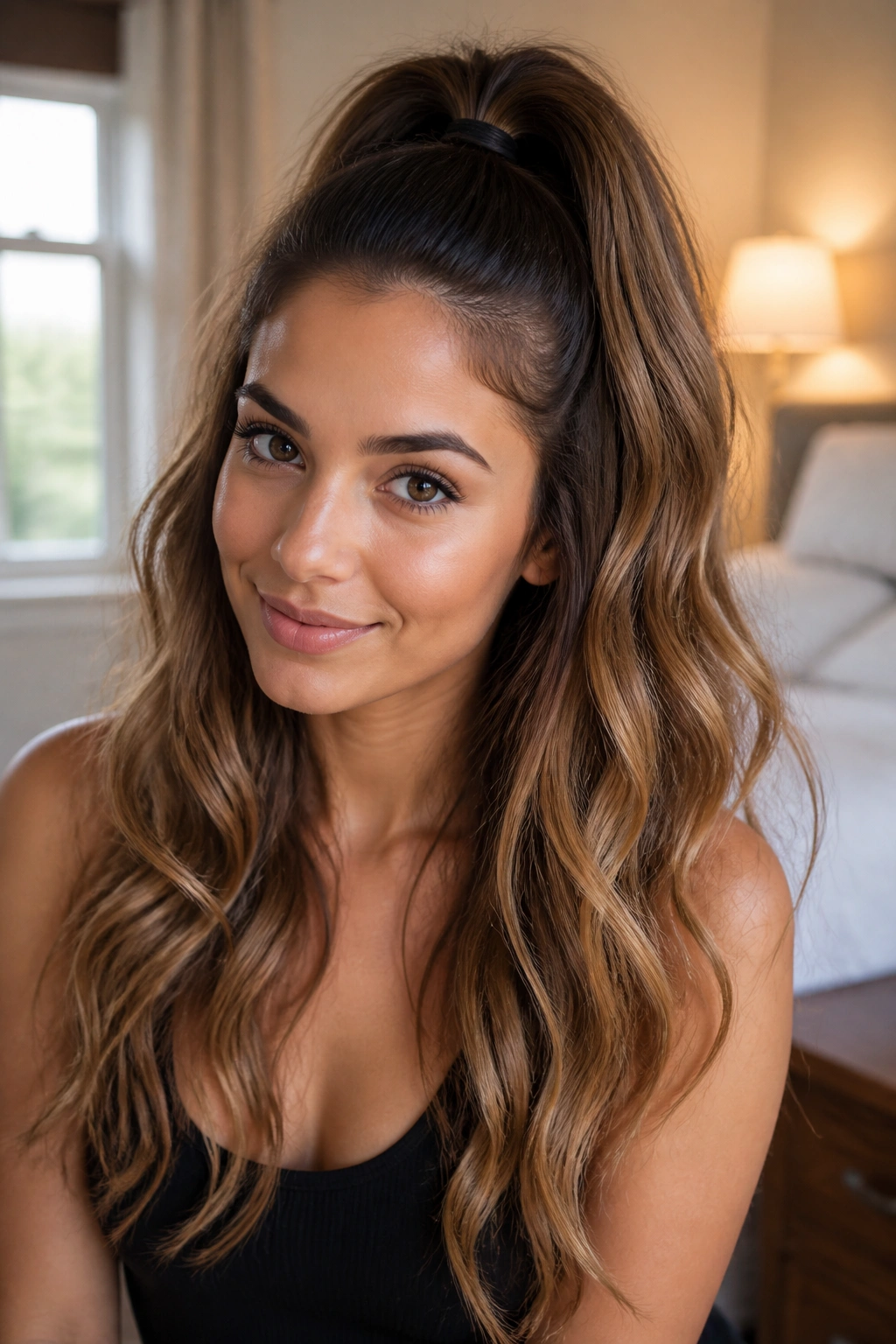 Close-up of a real woman with a high half-ponytail and flowing waves in warm bedroom light.