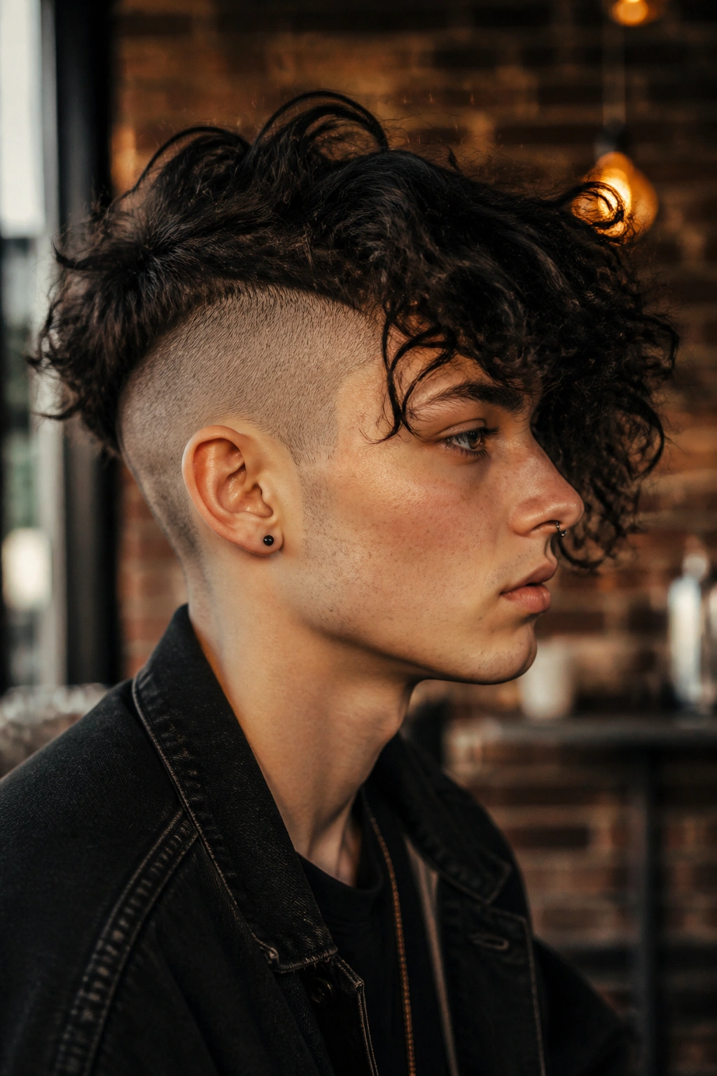 Close-up portrait of a real person with half-shaved curly undercut and visible shaved side