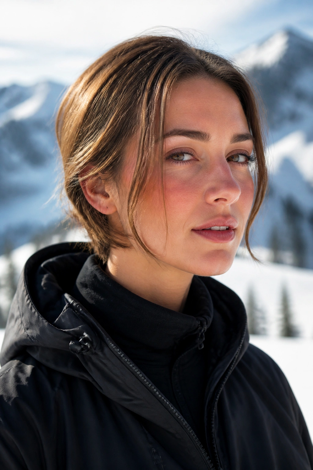Close-up of a jaw-skimming half-tucked bob with face-framing pieces on a real woman against a snowy mountain backdrop
