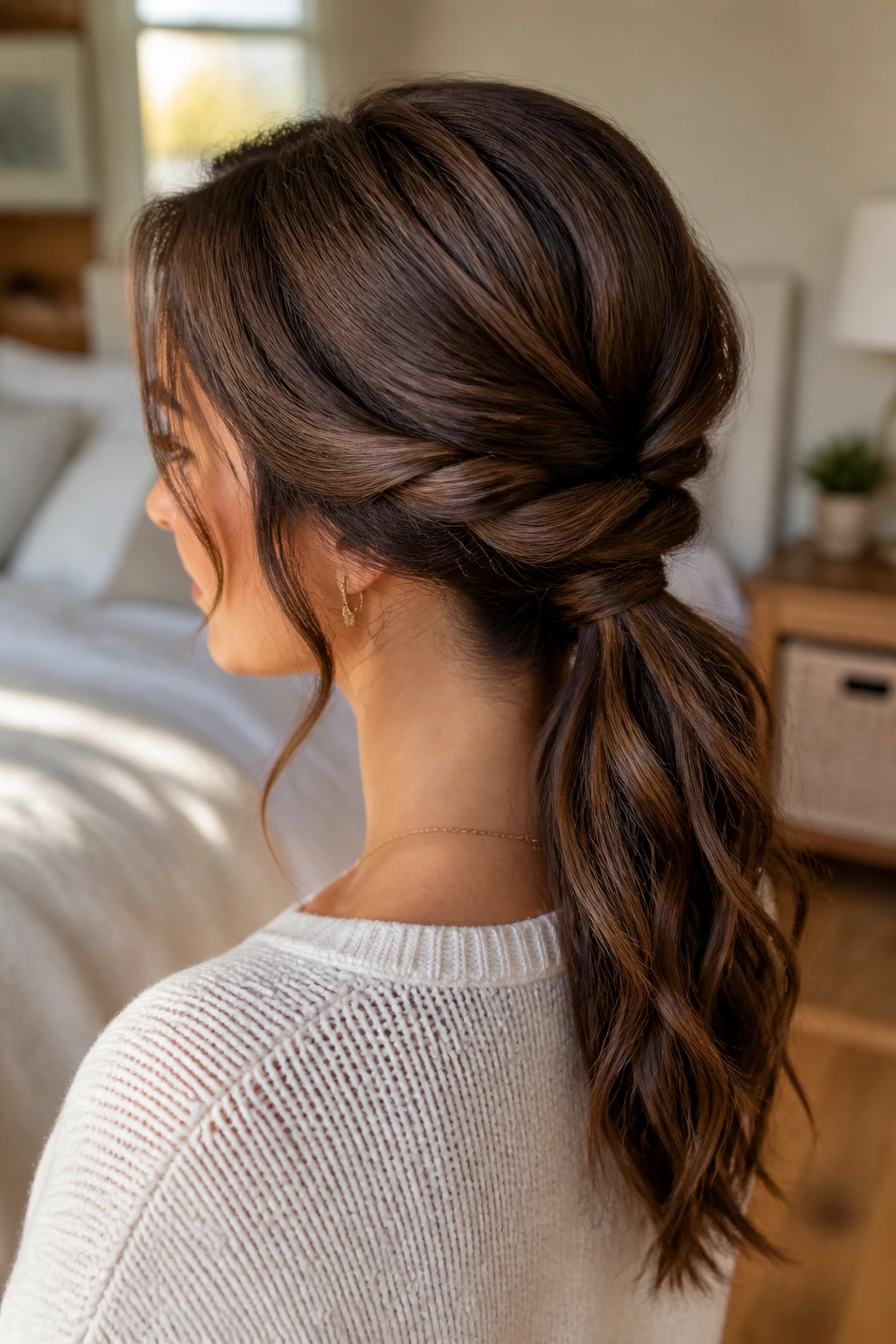 Close-up of a real woman with a half-twist low ponytail at the crown and nape.