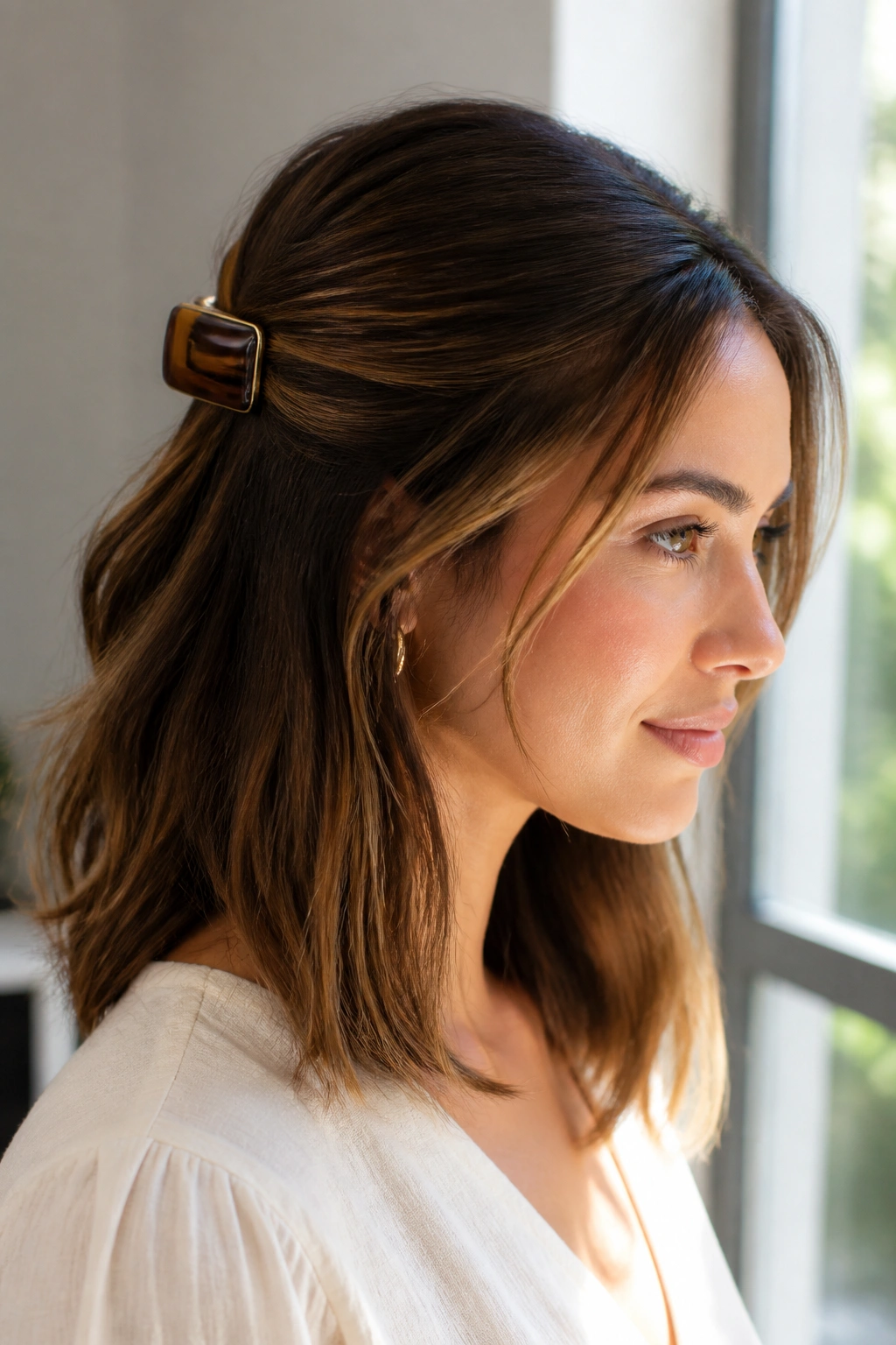 Close-up of a real woman with a half-up hairstyle secured by a barrette