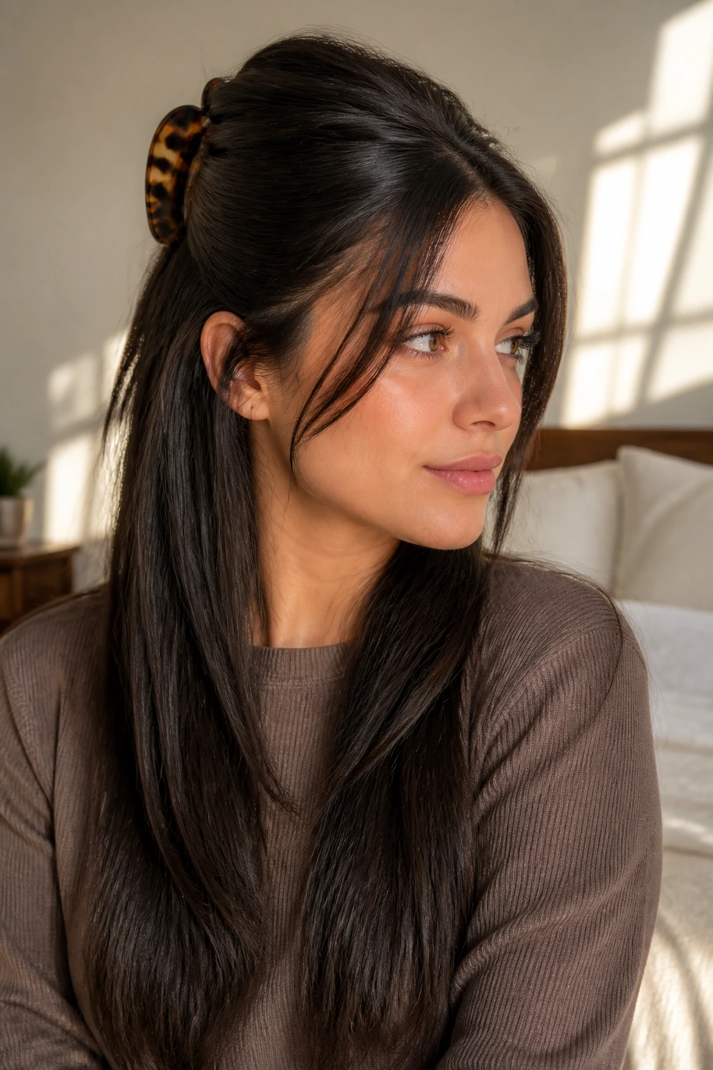 Close-up of a real woman with thick straight hair in a half-up style secured by a large barrette