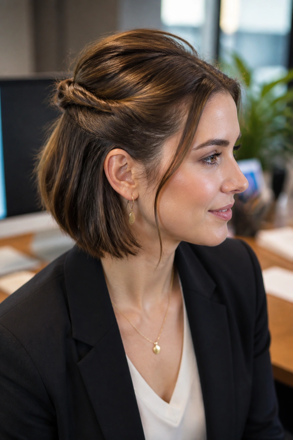 Real woman with a half-up twist on a bob, pinned above the occipital bone.