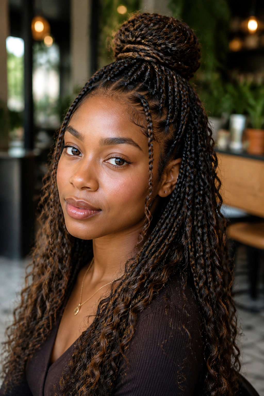 Woman with half-up, half-down boho braids