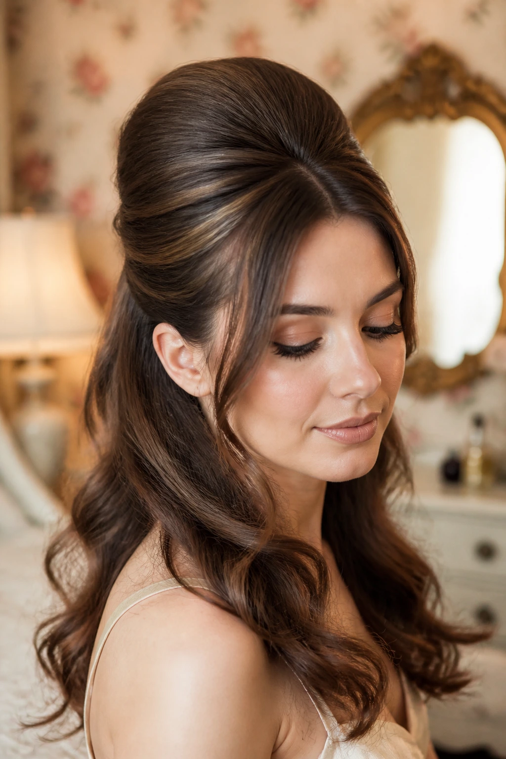 Close-up portrait of a real woman with half-up bouffant in vintage lighting.