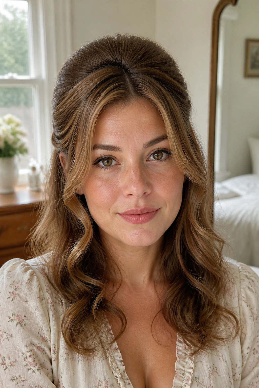 Front-facing portrait of a woman with half-up bouffant for wavy hair