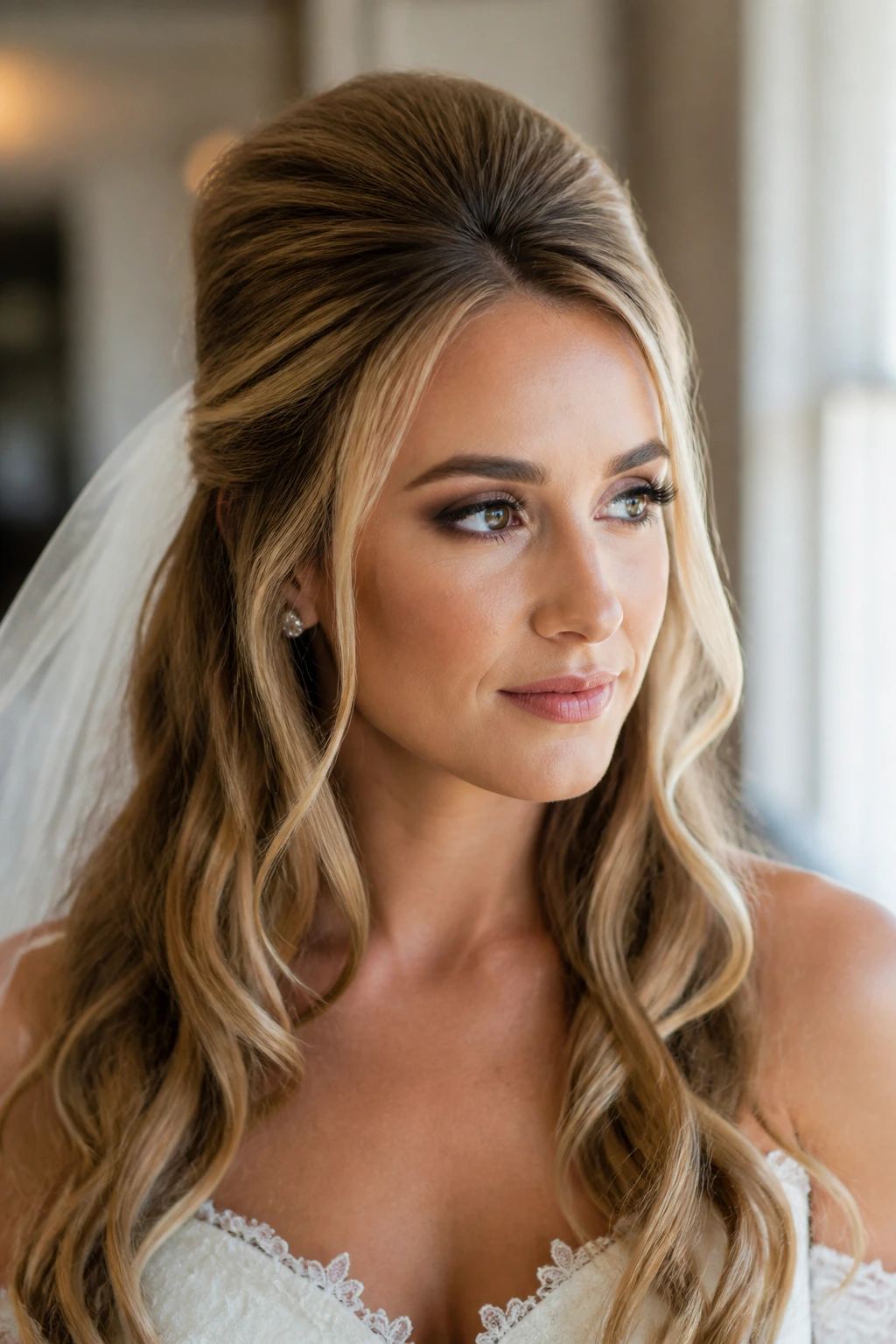 Close-up of a bride wearing a crown-volume half-up bouffant with waves