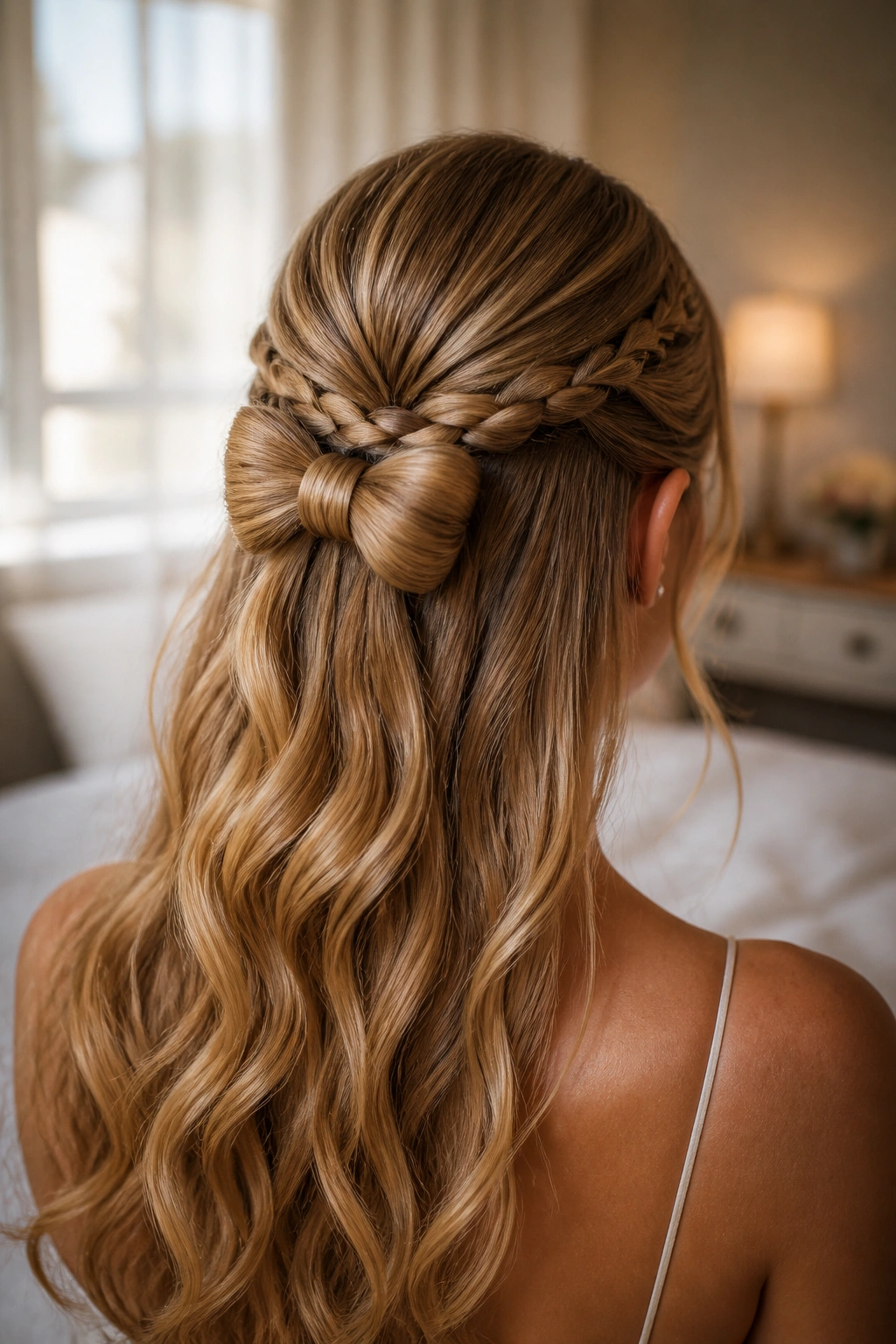 Close-up of a real woman with a neat half-up bow braid and loose waves, portrait with soft window light